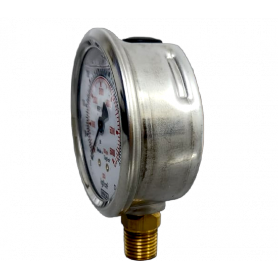 "Manômetro com tubo Bourdon, com enchimento de líquido caixa em aço inoxidável Modelo: 213.53.063 400 kgf/cm2 2.ª escala psi 1/4 NPT montagem inferior "