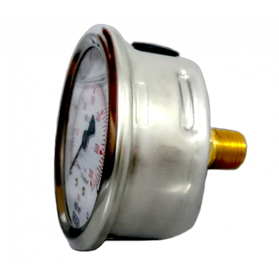 "Manômetro com tubo Bourdon, com enchimento de líquido caixa em aço inoxidável Modelo: 213.53.063 20 kgf/cm2 2.ª escala psi 1/4 NPT montagem traseira"