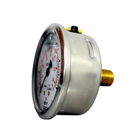 "Manômetro com tubo Bourdon, com enchimento de líquido caixa em aço inoxidável Modelo: 213.53.063 10 kgf/cm2 2.ª escala psi 1/4 NPT montagem traseira "