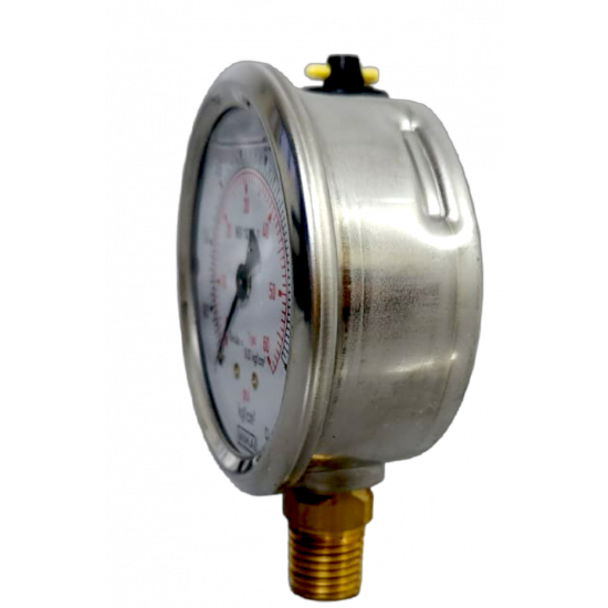 9630011	"Manômetro com tubo Bourdon, com enchimento de líquido caixa em aço inoxidável Modelo: 213.53.063 4 kgf/cm2 2.ª escala psi 1/4 NPT montagem inferior "