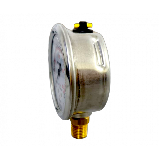 "Manômetro com tubo Bourdon, com enchimento de líquido caixa em aço inoxidável Modelo: 213.53.063 14 kgf/cm2 2.ª escala psi 1/4 NPT montagem inferior"