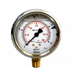 213.53.063L  20 KGFxPSI  1/4NPT - Manômetro de tubo Bourdon, internos em ligas de cobre Construção Caixa Inox Anel Recravado, com enchimento de liquido, com glicerina, rosca de 1/4